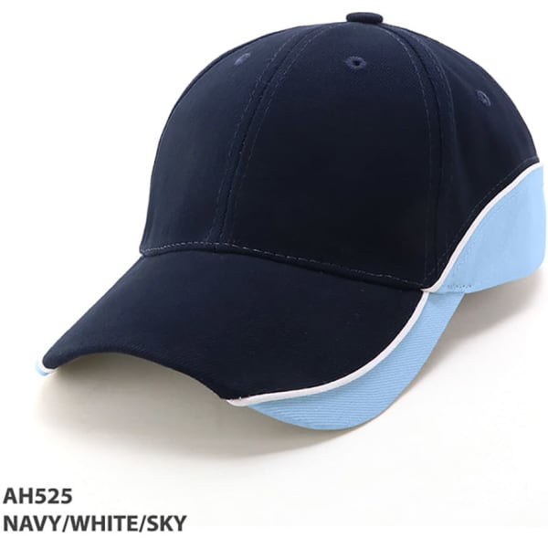 A navy cap with light blue accents and a logo on the side.
