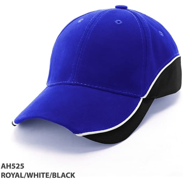 A blue cap with black and white accents, featuring a logo.