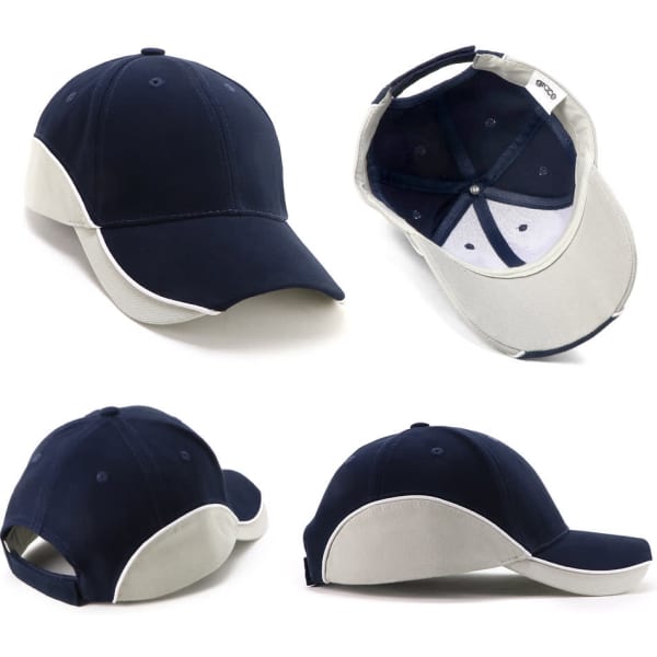 A navy and light grey cap with a logo, featuring a curved brim and a classic design.