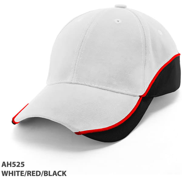 A cap featuring a white front, black back, and red trim, complete with a logo on the front.