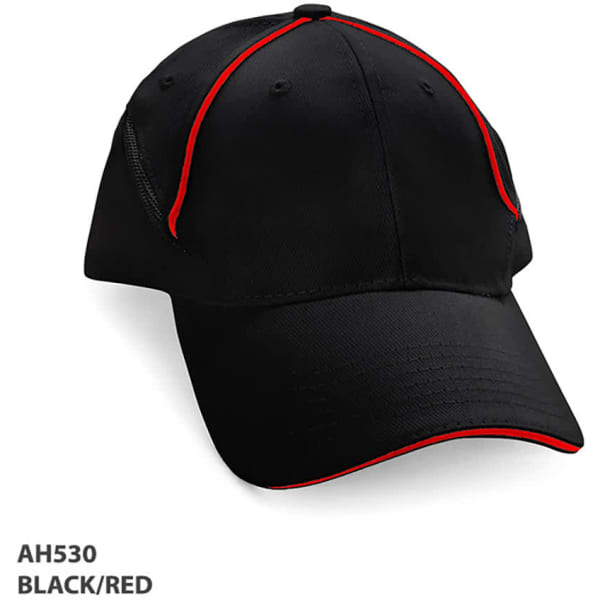 A black cap with red piping and a logo, showcasing a sporty design suitable for various activities.