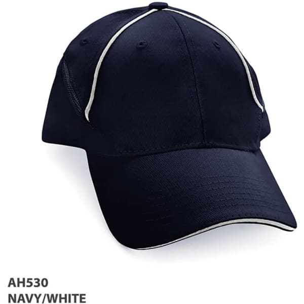 A navy and white cap featuring contrast stitching and a logo. Ideal for casual wear or outdoor activities.