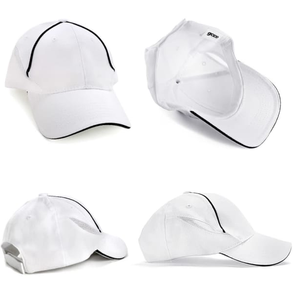A white cap with black accents, featuring a logo and multiple angles showcasing its design.