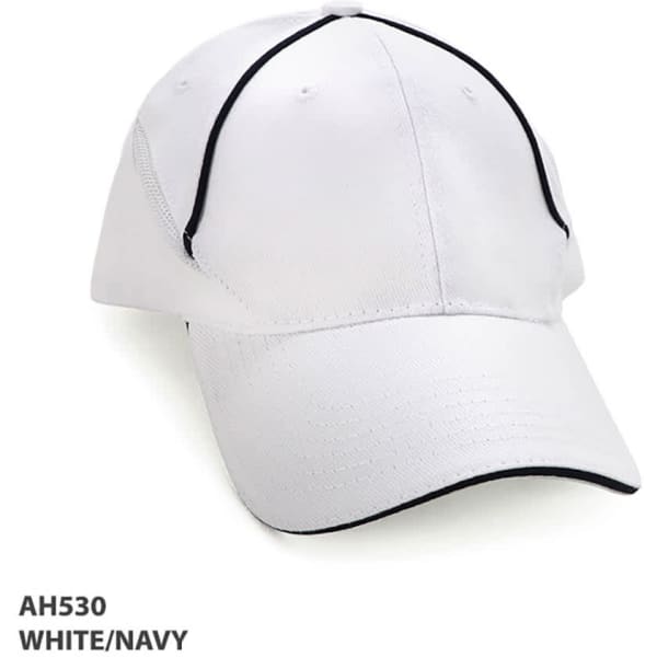 A white and navy cap featuring a structured design and a logo on the front.
