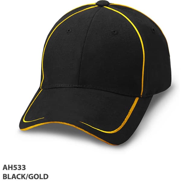 A black cap with gold piping and a logo. It features a curved brim and a structured design.