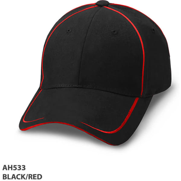 A black cap with red piping, featuring a curved brim and a logo. Suitable for casual wear.