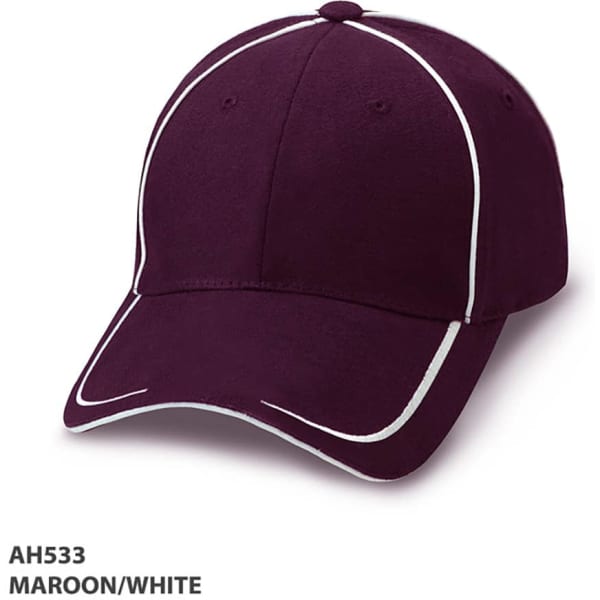 A maroon cap with white accents and a curved brim, featuring a logo on the front.