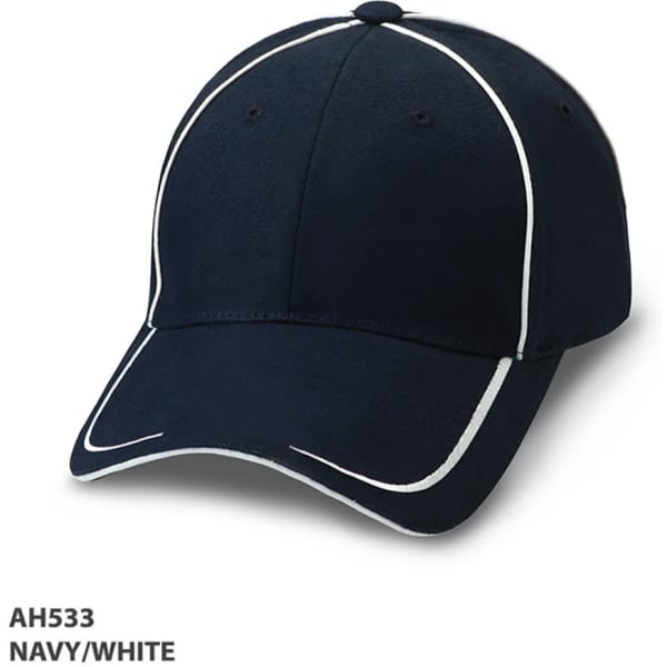 A navy and white cap featuring a curved brim and contrasting piping detail. It includes a logo on the front.