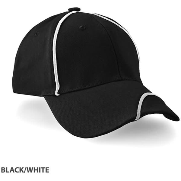 A black and white cap with a curved brim and contrasting stitching, featuring a logo.