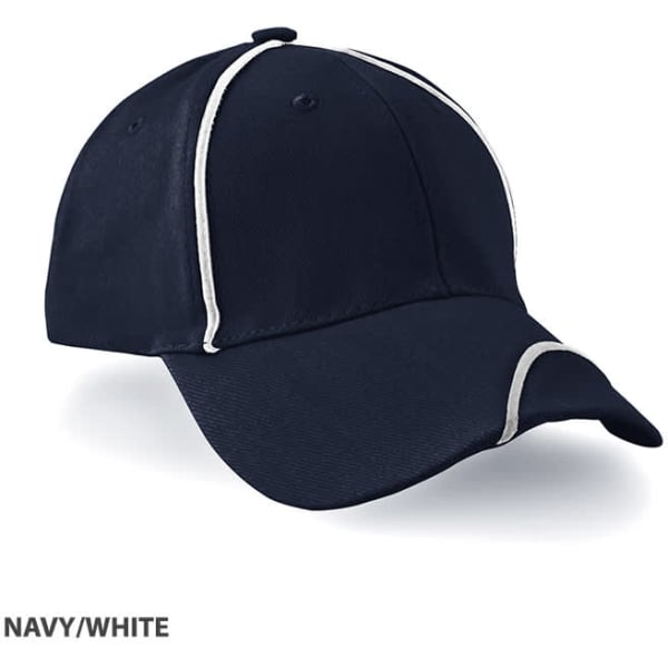 A navy and white cap with a curved brim and contrasting piping, featuring a logo on the front.