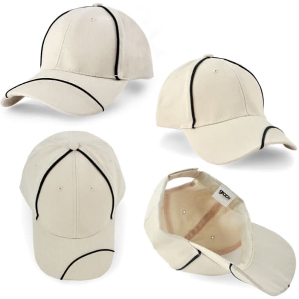 A beige cap with black piping accents, featuring a curved brim and an adjustable strap at the back.
