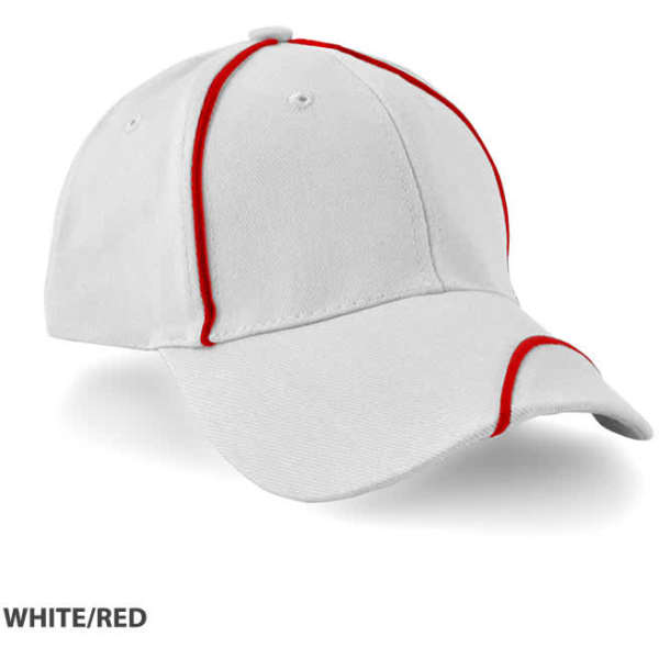 A white cap with red stitching and detailing, featuring a curved peak and a logo.