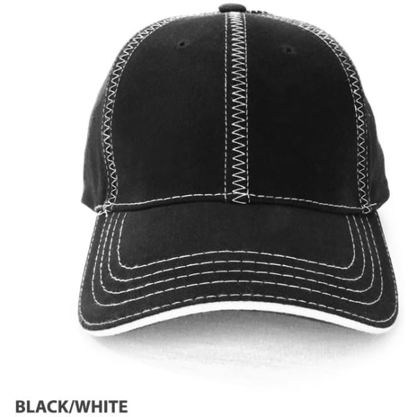 A black and white cap with contrasting white stitching and a curved brim. It features a logo on the front.