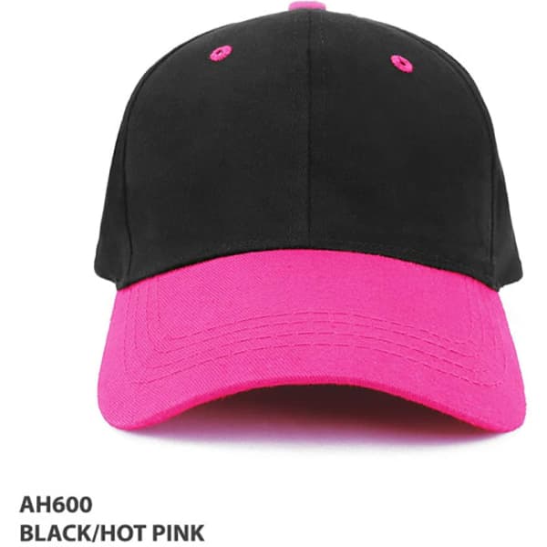 A black and hot pink kids cap with a contrasting peak and a logo on the front.
