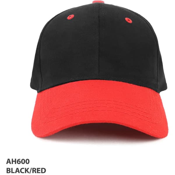 A black and red kids cap featuring a curved brim and stitched details, with a logo on the front.