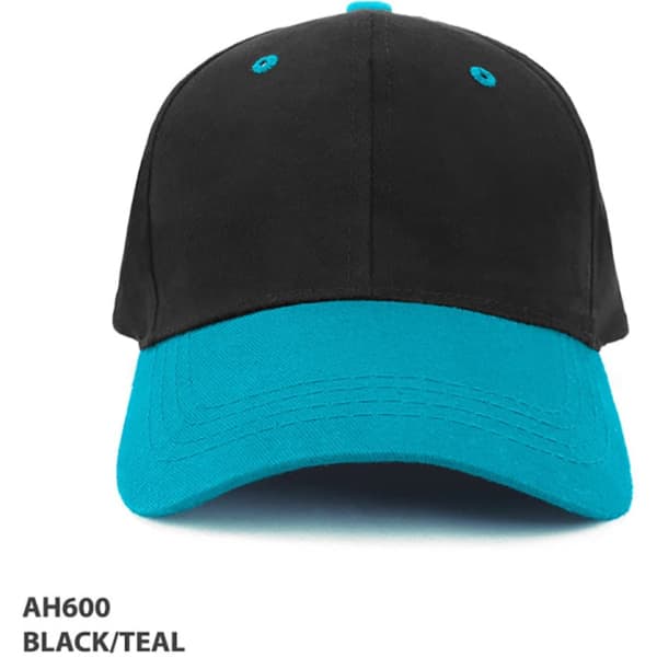 A black cap with a teal brim, featuring a logo on the front and ventilation holes.