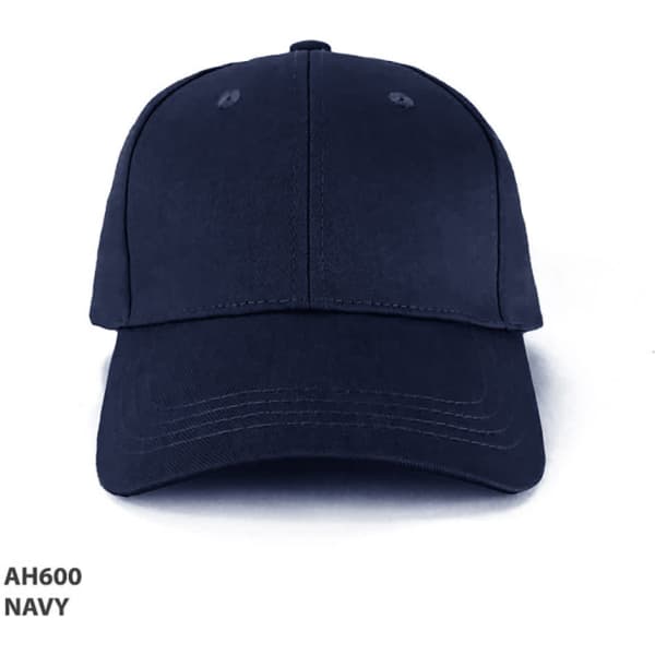 A navy cap with a structured design, featuring a logo on the front.