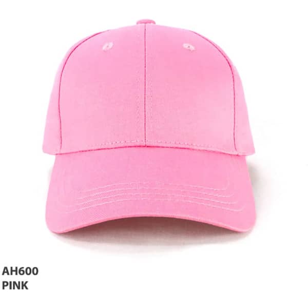 A pink kids cap with a curved brim and an adjustable strap on the back, featuring a logo.