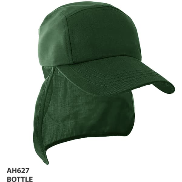 A green Legionnaire cap with a wide brim and a neck flap, featuring a logo on the front.