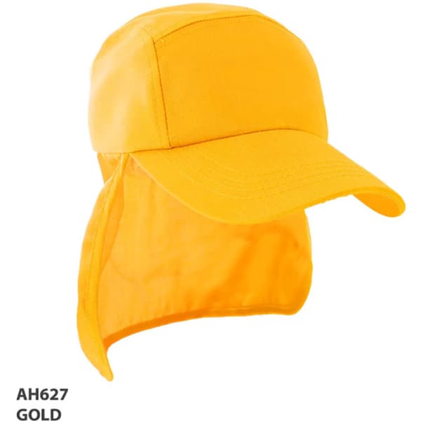 A gold Legionnaire cap featuring a wide brim and neck flap, ideal for sun protection. It includes a logo.