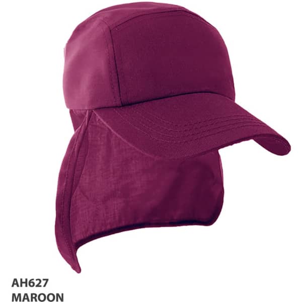 A maroon Legionnaire cap with a wide brim and neck flap, featuring a logo on the side.