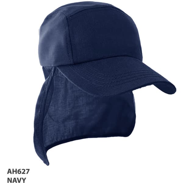 A navy Legionnaire cap featuring a front peak and a neck flap, with a logo on the side.