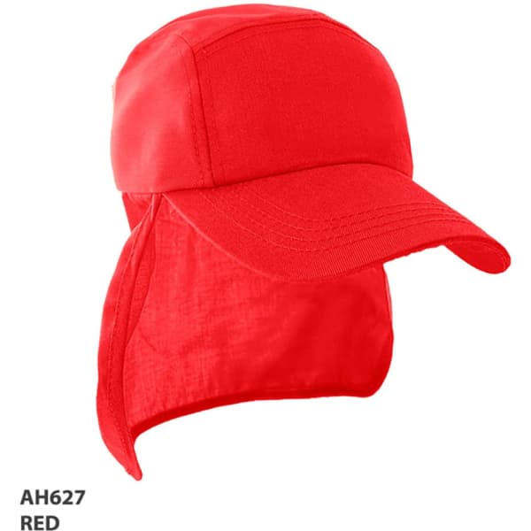 A red Legionnaire cap with a sun visor and extended neck protection, featuring a logo.