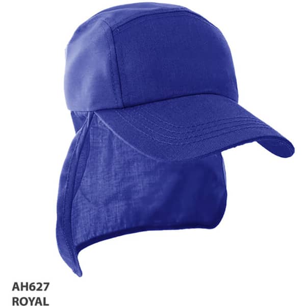 A royal blue Legionnaire cap with a extended neck flap and a logo. Ideal for outdoor wear.