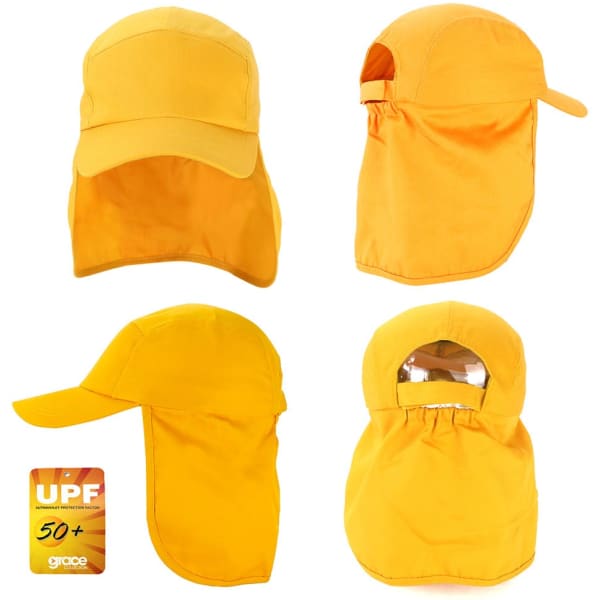 A yellow Legionnaire cap with an extended neck flap and a logo, displayed from various angles.