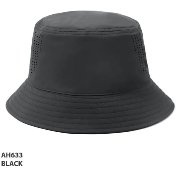 A black bucket hat with ventilation holes and a stitched brim. It features a logo on the exterior.