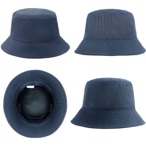 A navy blue bucket hat featuring ventilation holes and a subtle logo, shown from multiple angles.