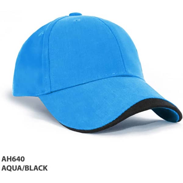 Aqua and black cap featuring a curved brim and a logo. Ideal for casual wear and outdoor activities.