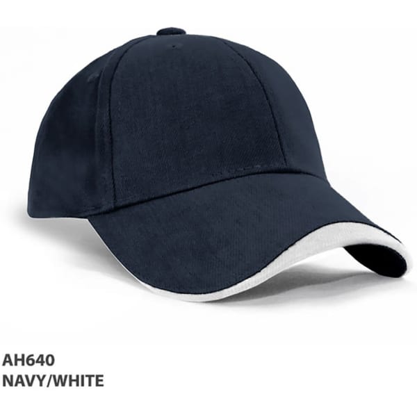 A navy and white cap with a smooth finish and a curved brim, featuring a logo on the front.