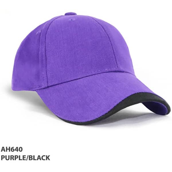 A purple cap with a black peak and an adjustable strap at the back, featuring a logo.