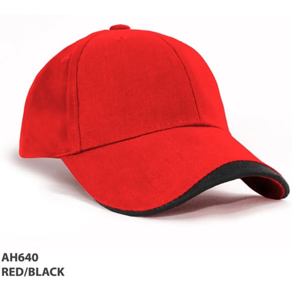 A red cap with a black brim and a logo on the front, designed as kids' headwear.