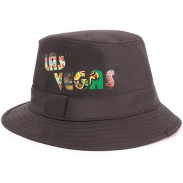 A black Trilby hat featuring colourful text that spells "Las Vegas." It includes a wide brim and a band.