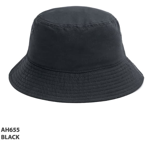 A black bucket hat with a wide brim and textured stitching, featuring a logo on the side.