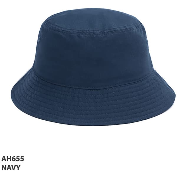 A navy bucket hat made from premium RPET material, featuring a round crown and wide brim. It has a logo.