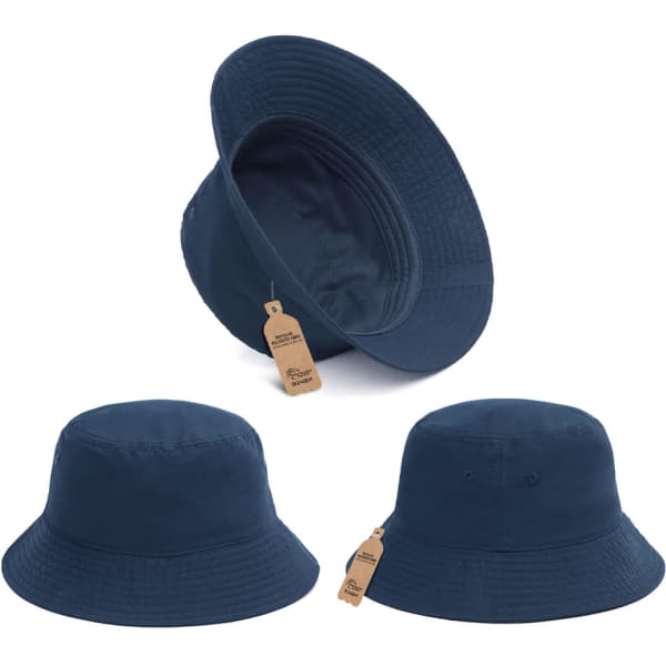 A navy blue bucket hat with a wide brim and a logo tag attached. Multiple angles displayed.