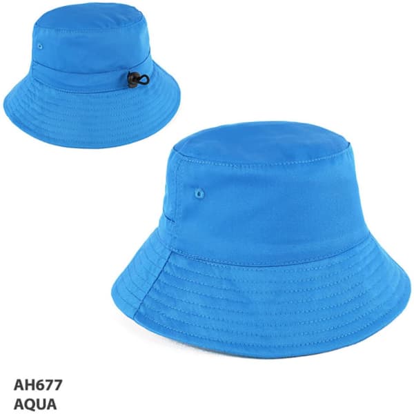 Aqua bucket hat with a wide brim, featuring a drawstring and branding logo.
