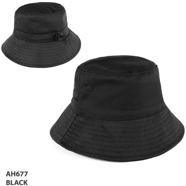 A black bucket hat featuring a wide brim and adjustable strap. Includes a logo on the side.