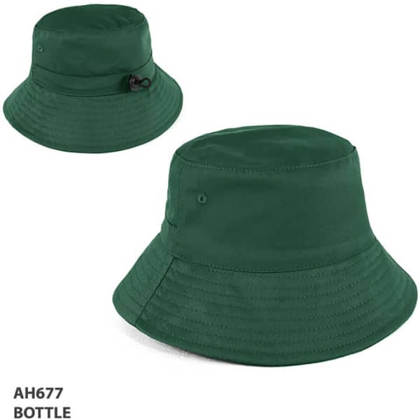 A green bucket hat with a round brim and an adjustable toggle. It features a logo on the side.