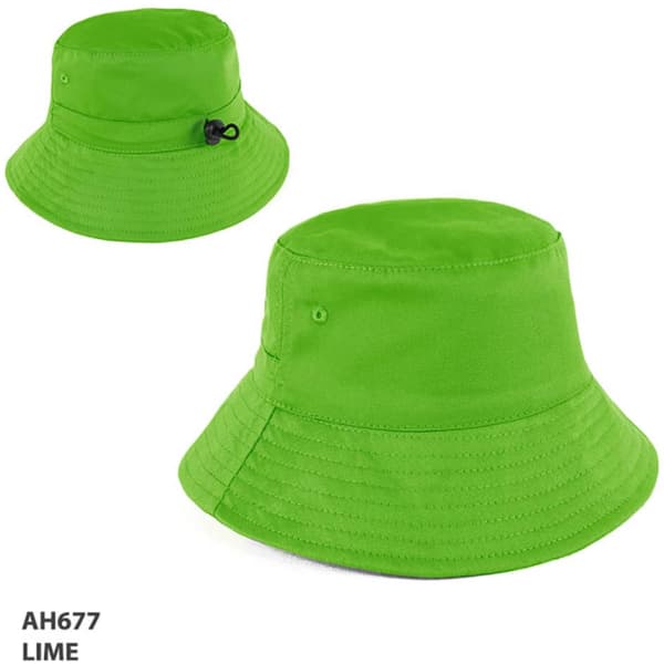 A lime green bucket hat with a flexible brim and an adjustable strap. Features a logo on one side.