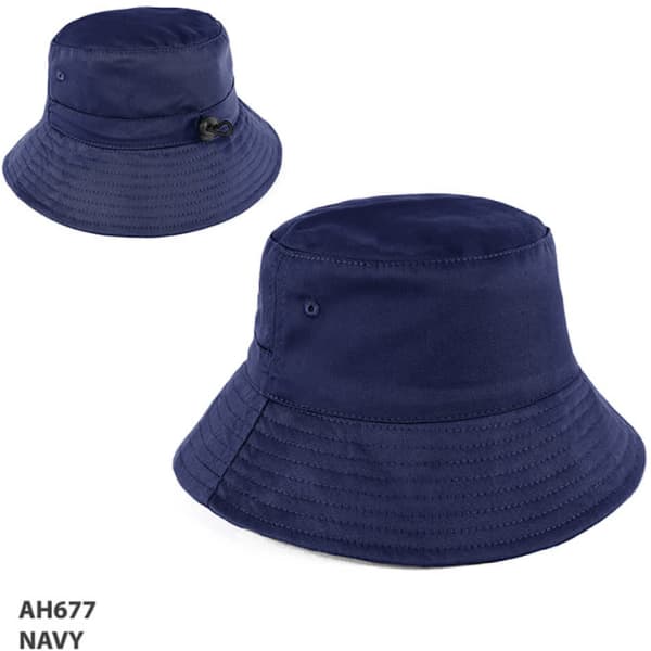 A navy blue bucket hat with a wide brim and a drawstring. Features a logo on the side.