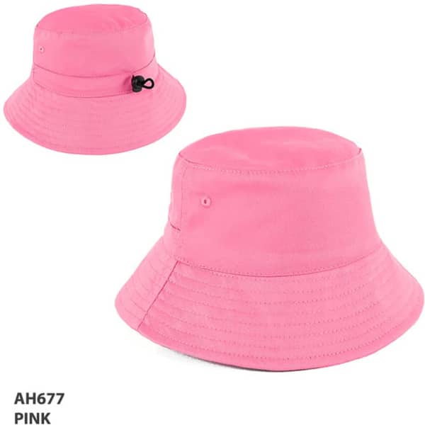 A pink bucket hat with a lightweight design, featuring a logo and adjustable toggle.