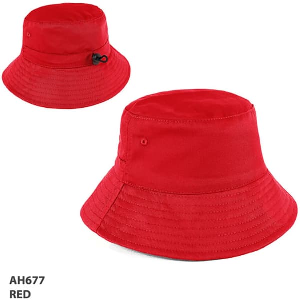 A red bucket hat featuring a structured brim, adjustable drawstring, and a logo on the side.