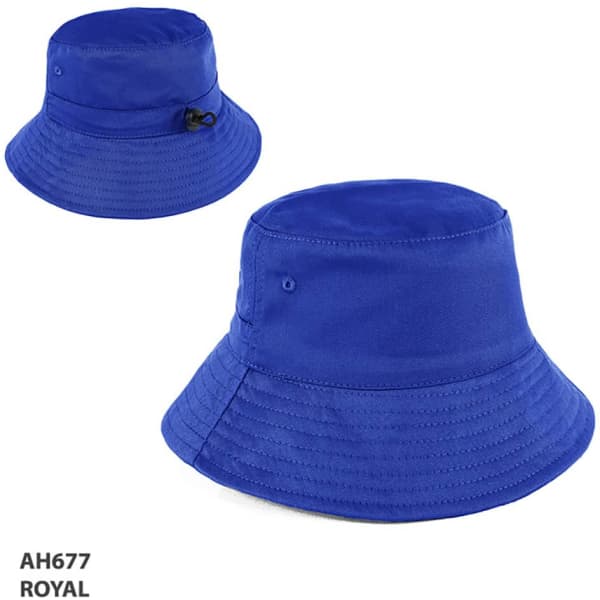 A blue bucket hat with a wide brim, featuring a logo and adjustable string.
