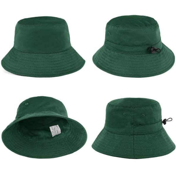 A green KINDY hat in multiple views, featuring a wide brim and an adjustable drawstring. It has a branding logo.