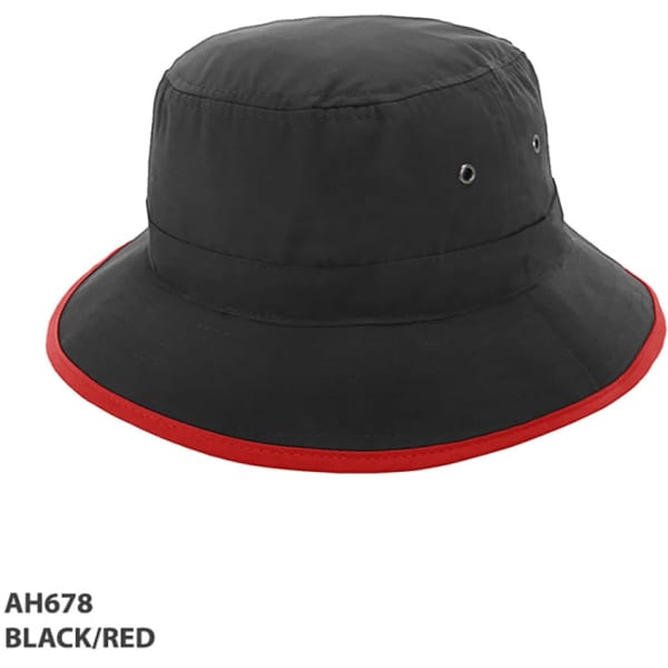 A black and red microfibre bucket hat featuring ventilation eyelets and a branded logo.