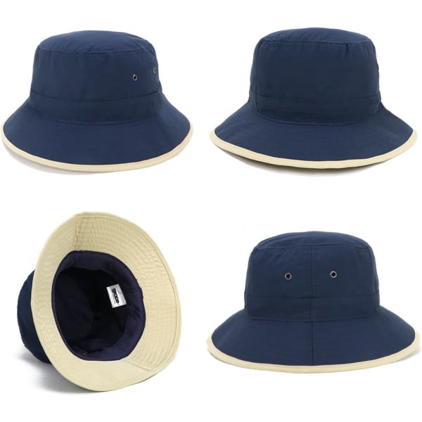A navy microfibre bucket hat with a cream trim, featuring interior lining and a logo.